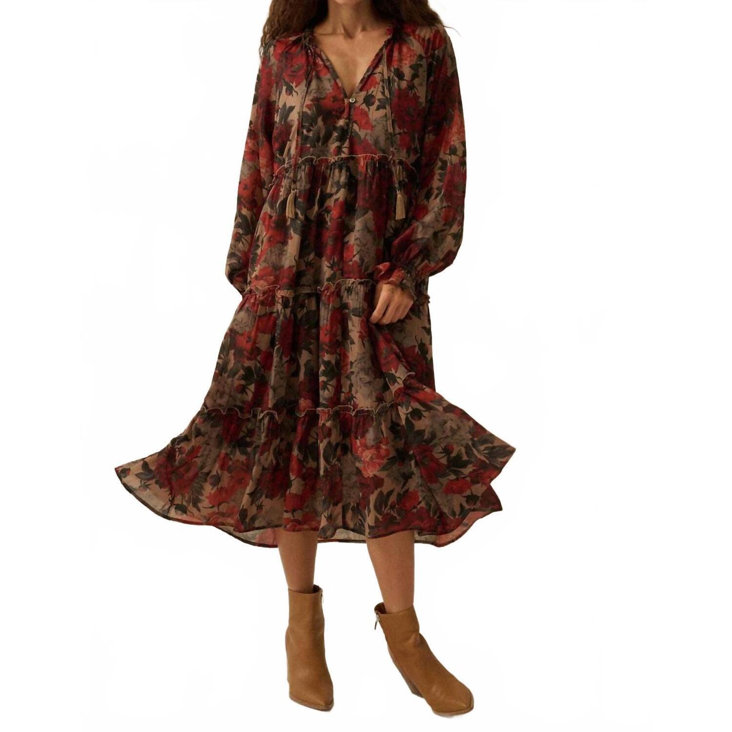 New Promesa Floral-Print Tiered Ruffle Long-Sleeve Midi Dress In Sand